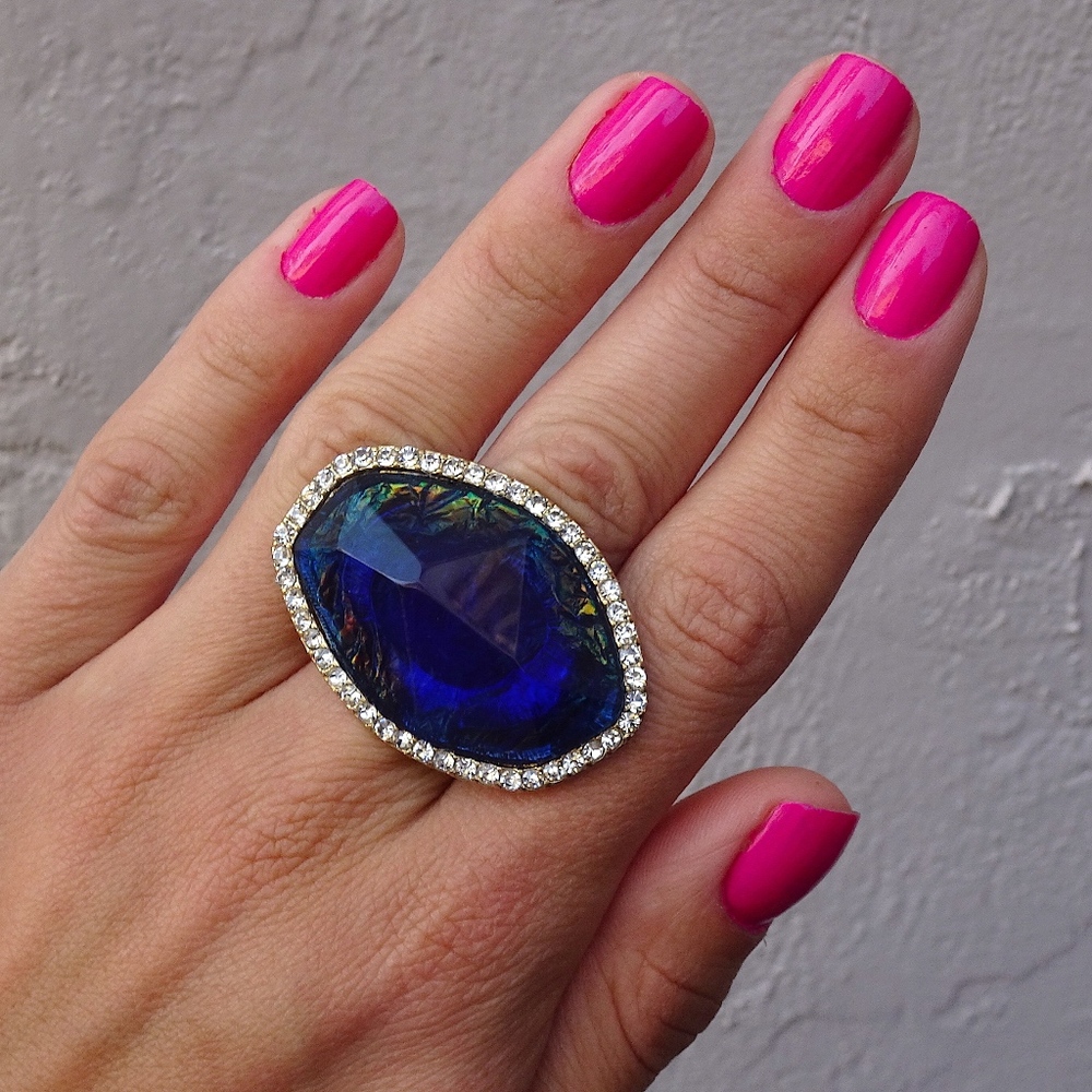 Big Faux Blue Opal Faceted Lucite Gem Statement Ring